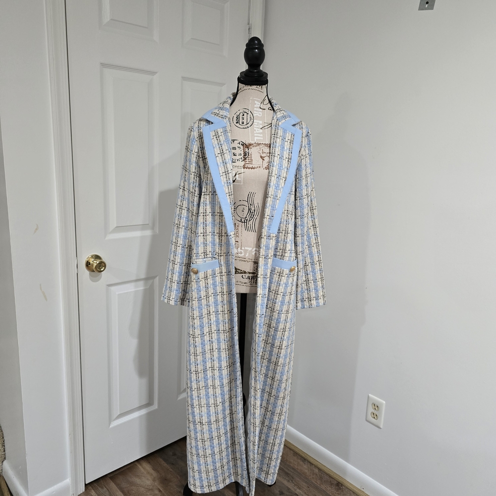 Plaid Long Coat with Blue Accents